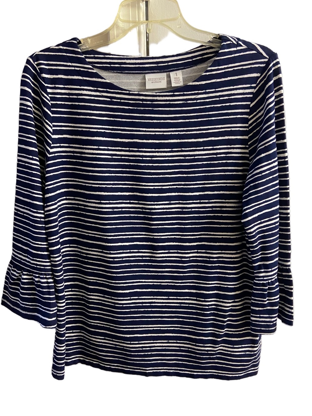 Chicos Weekends Navy Blue White Striped Ruffle Sleeve Top Size 1 Medium